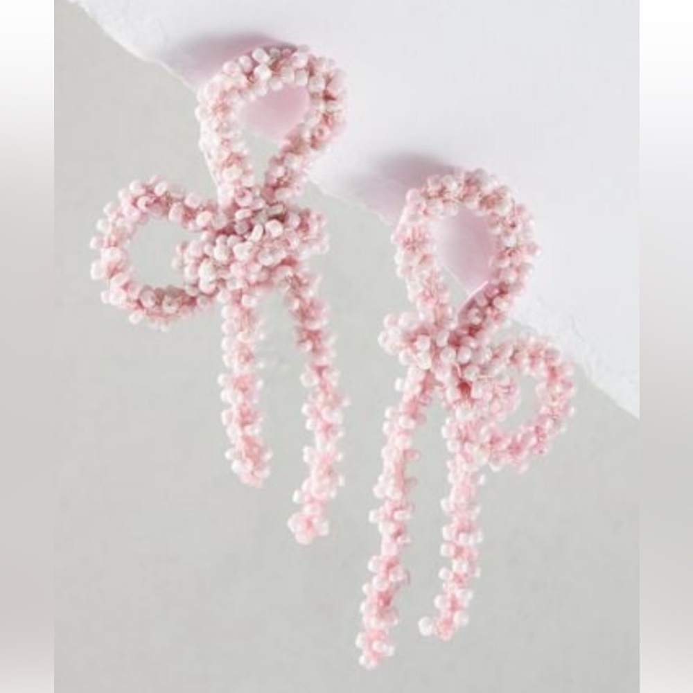 Free People Brandy Bo Dangles Beaded Bow Earrings In Pink NWT